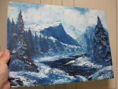 Oil Painting on Masonite Board Winter Mountain Scene, 16″ x 11.8″ by J. Giltz