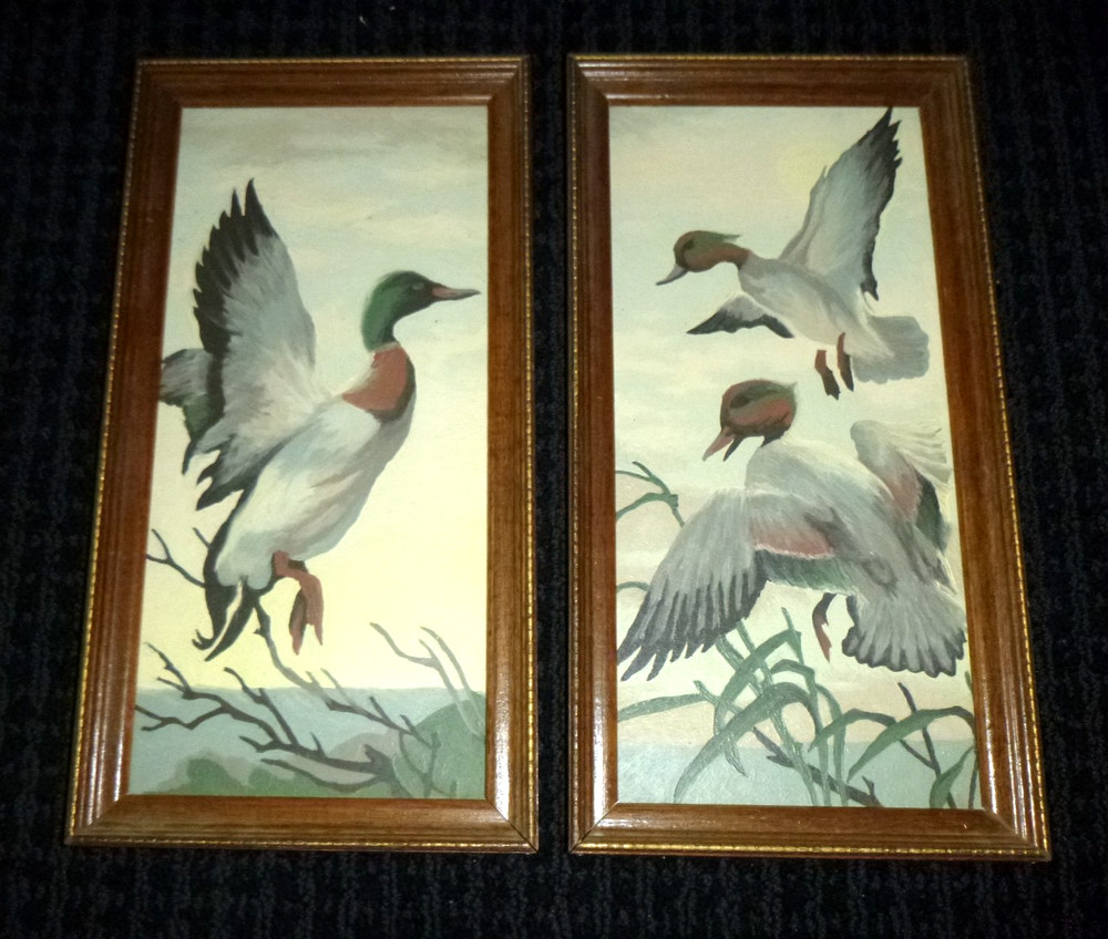 Pr Vtg 60s Paint By Number Paintings Craft Master Ducks in Flight 6×12″