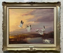 LENNON R. BANDEL OIL PAINTING LISTED ARTIST THE CASUALTY GEESE DUCKS SUNSET