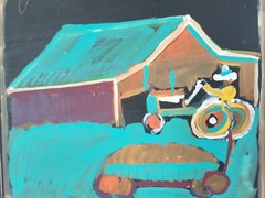 Jimmy Lee Sudduth Folk Art Landscape Painting of Tractor and Barn