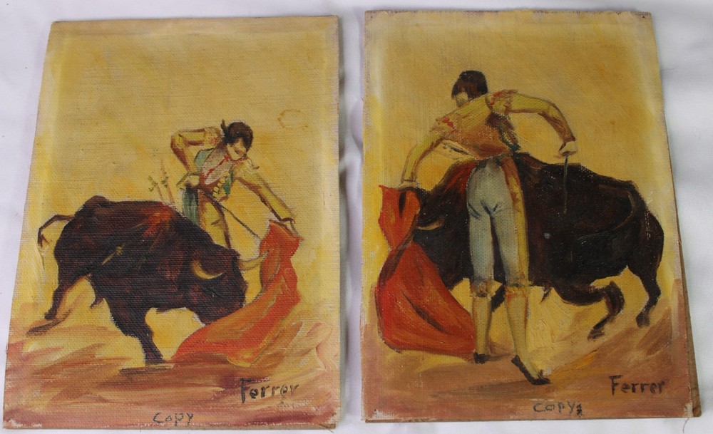 c1930 LOT 2 VINTAGE BULL FIGHTING OIL CANVAS PAINTING FERRER