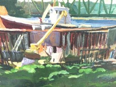 Jean Fowler 1924-2015 (Bar Harbor, Maine) Orig. Oil Canvas- Lobster Boats Bridge