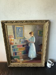 WILLIAM JOHN EDMONDSON ANTIQUE ROARING 20s WOMAN INTERIOR OIL PAINTING VINTAGE