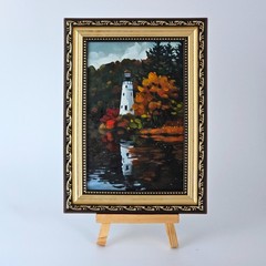 Original Oil Painting Lighthouse Autumn Lake Reflection Landscape 4×6 Framed