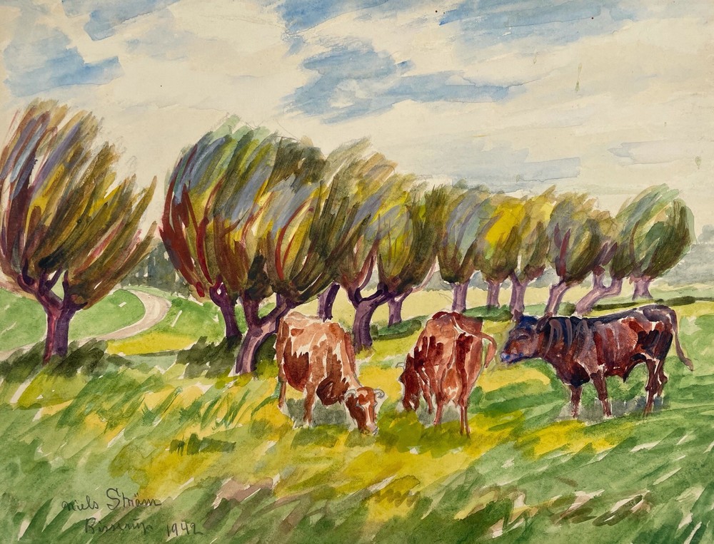 Impressionist Niels Ström *1881 Cows on Nordic Summer Pasture 1942 Denmark