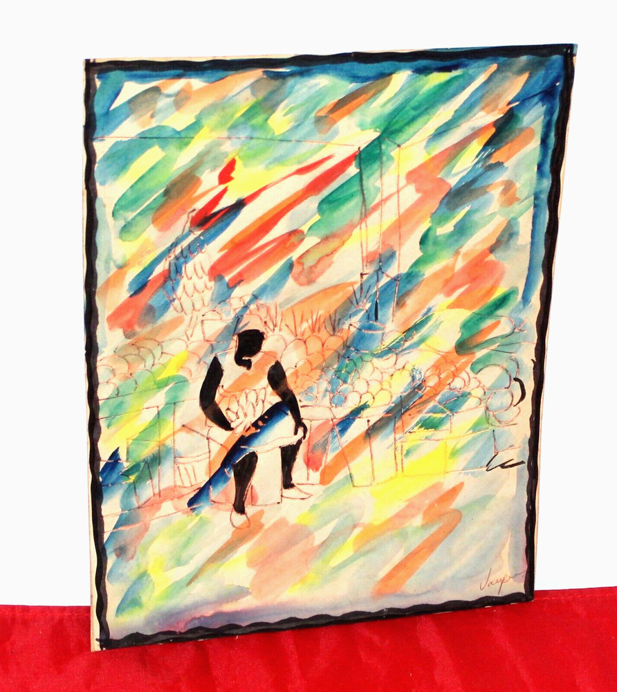 Original Art Line Drawing with Watercolor Signed but difficult to decipher VGC