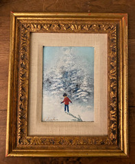 Vtg Signed C Simkin Enamel Painting Child in Snow Matted Ornate Frame 9″x11″