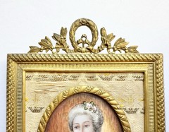 Rare 19th C. French Hand Painted Miniature Portrait Gold Gild & Tapestry Frame