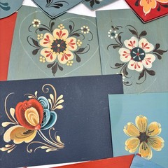 Vtg Hand Painted Rosemaling Samples Lot of 16 on Scrap Paper Cardboard Folk Art
