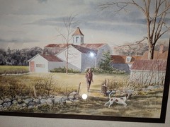 Vintage Harding Mudge Bush Watercolor Painting Landscape Farm Dog Hunting Guns