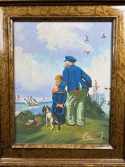 C. Manuel Signed Original Impressionist Oil Painting Captain and Boy Wood Frame