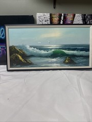 Artist Toft Waves Crashing On Rocks Acrylic Painting 25.5 X 13.5 Inches