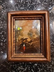 Antique French Enamel on Copper Painting Couple Embracing signed DeRei 4″X4.75″