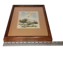 Watercolor Marsh Landscape Yellow Flower Grass Dunes Sky Matted Wood Frame 15×12