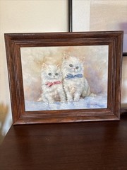Two Persian White Kittens, Oil on Canvas, Artist Connie McVey, Wood Frame, Cat