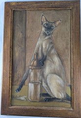 Creepy Sad Cat Painting, Cat with Bottle and Spilled Milk. Vintage & Strange