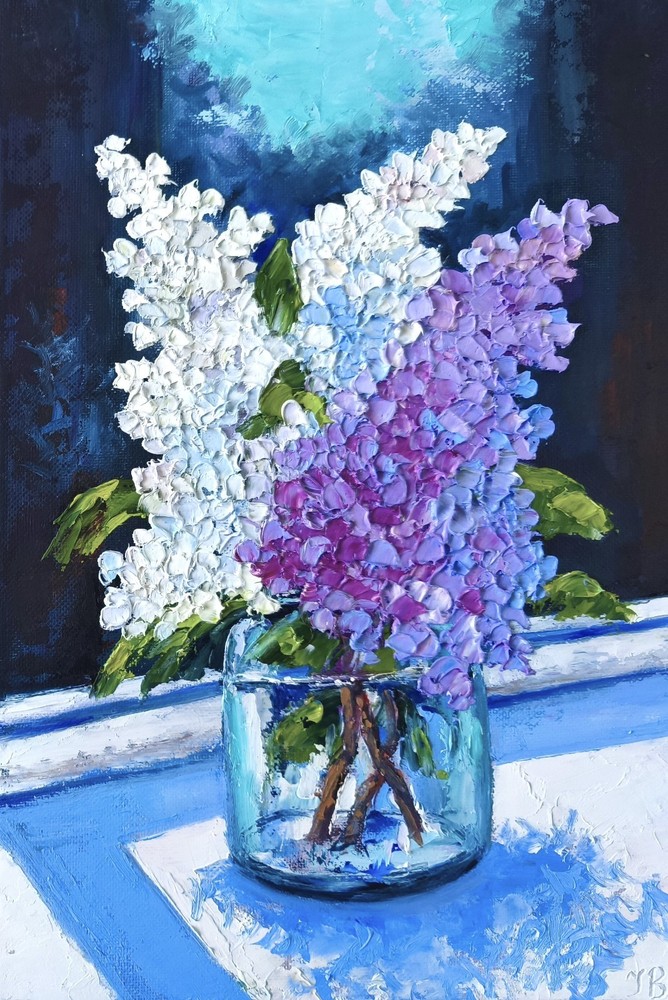 Lilac Oil Painting Impasto Art Flower Still Life on Canvas Board 30x20cm Signed