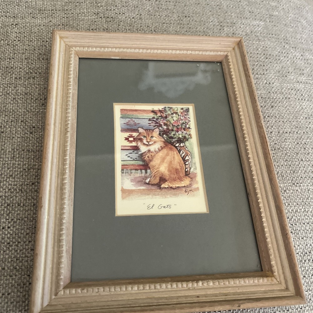 Signed El Gato Tabby Cat Orange Mini Painting Southwest Flowers DJM