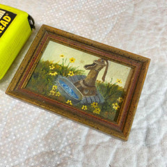 Vtg Miniature Original Painting Water Pump in Field of Sunflower 4-3/4”x3-1/4”