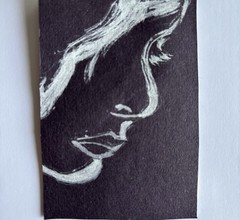 Original ACEO Female Portrait White Acrylic Miniature Art On Black Paper OOAK