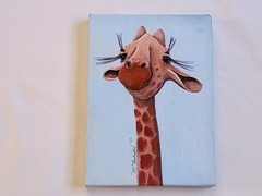 Whimsical Giraffe Wall Art Oil On Canvas Hand Painted Signed 7 X 5 Inches, Kids