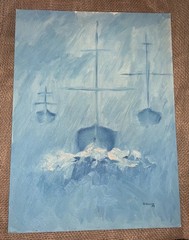 VTG ‘69 BOATS IN BLUE Canvas Panel 12”W 16”T Signed D Collins