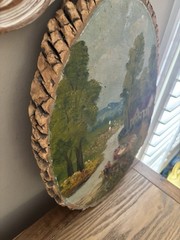 Antique Oval Oil Paining on Tree Panel Lake Mountain Home Flowers Trees 14”x11”