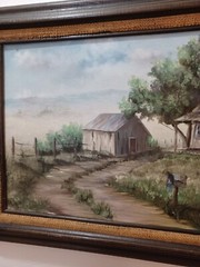LOVELY PEACEFUL OIL PAINTING OF HOMESTEAD, ROAD, TREES, COUNTRY SIGNED M HILL
