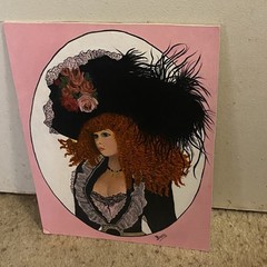 Vintage Painting 14×11 Victorian Lady Woman Portrait Red Head Black Dress & Hat
