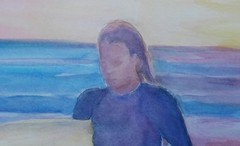 Surfer Girl Sunset Original Watercolor Paint RAMfish Artist Oceanside 16″ X 20″