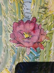 Vivid Desert Blooming Cactus Watercolor & Ink RAMfish Artist 8 1/4″ X 8 3/4″
