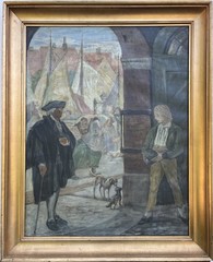 Impressionist Harbour Scene Küstenstadt People Sailing Ships Dogs Antique Oil