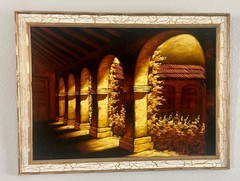 VTG Mid Century Mission Style Mediterranean Black Velvet Painting SIGNED 31×40