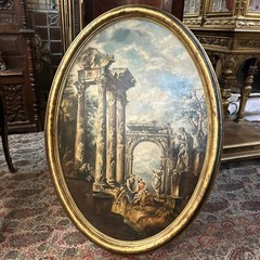 19 c. School of Rome Fantasy Oil on Canvas people ruins columns, Italian 1800
