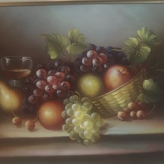 Still Life Oil Painting Ornate Good Frame Fruit Basket Glass Artist Signature