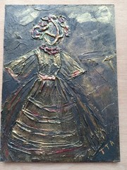 Original acrylic painting.Ukrainian motanka doll. High-texture impasto, gold