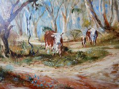 AUSTRALIAN OIL PAINTING ON BOARD ROUNDUP HARNDORF BY MAUREEN RESCHKE CIRCA 1970