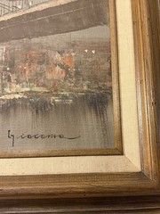 World Trade Center Towers Brooklyn Bridge signed Giacomo, Oil Canvas Wood VTG