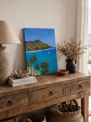 Original Tropical Coastal Landscape Art Oil Painting Palm Trees Sailboat Beach