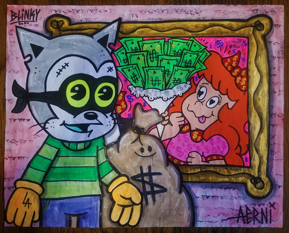 HAPPY GRAVE + BLINKY 2022 LARGE PAINTING pop surreal : KRIME KITTEN STEALS…