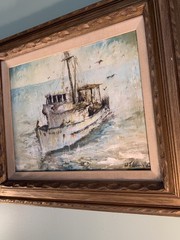 Original Oil On Board W J Edwards Signed Tuna Boat Painting MCM San Diego