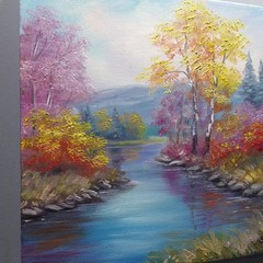 Autumn River Landscape Oil Painting Original Nature Wall Art Canvas Decor 10×10