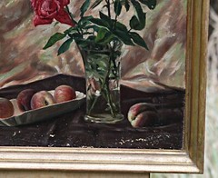 Oil Painting, Signed Erich Säuberlich – Still Life With Roses & Peaches – Framed