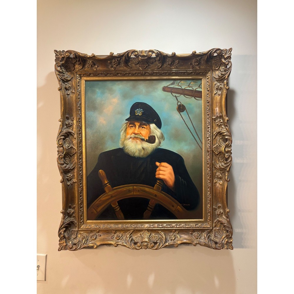 Kim Benson Sea Captain Oil Painting Ornate Gold Frame Nautical Portrait 30×32