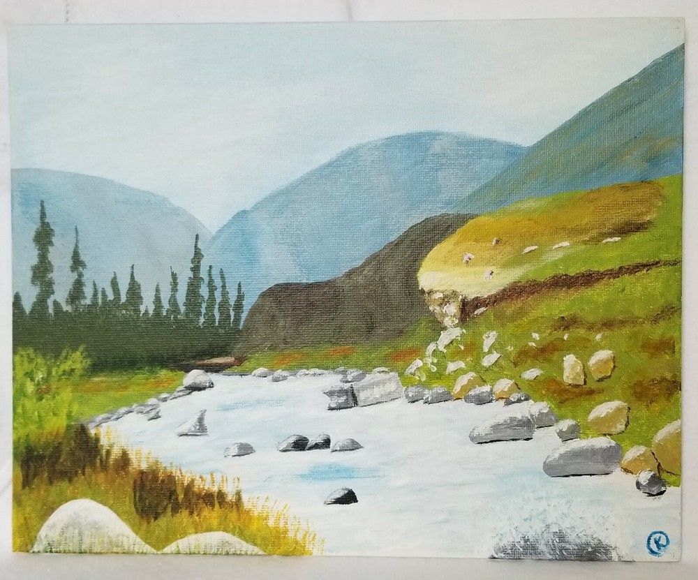 acrylic painting on an 8×10 canvas board of a very rocky river