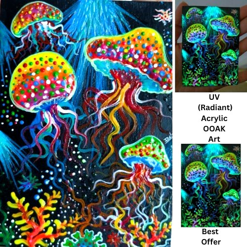 (UV) Radiant ACEO Original Jellyfish Sea Acrylic Hand Painting Art Card NEW OOAK