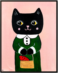 Black Cat in Dress with Fish Painting, Whimsical Cat Art 8×10