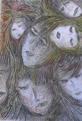 ORIGINAL FEMALE DRAWING 13 X 9 INCH BROWND BLACKS PENCILS BY RIVKA FILIIN