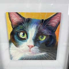 Denise Laurent Black & White Tuxedo Cat With Green Eyes Oil Painting
