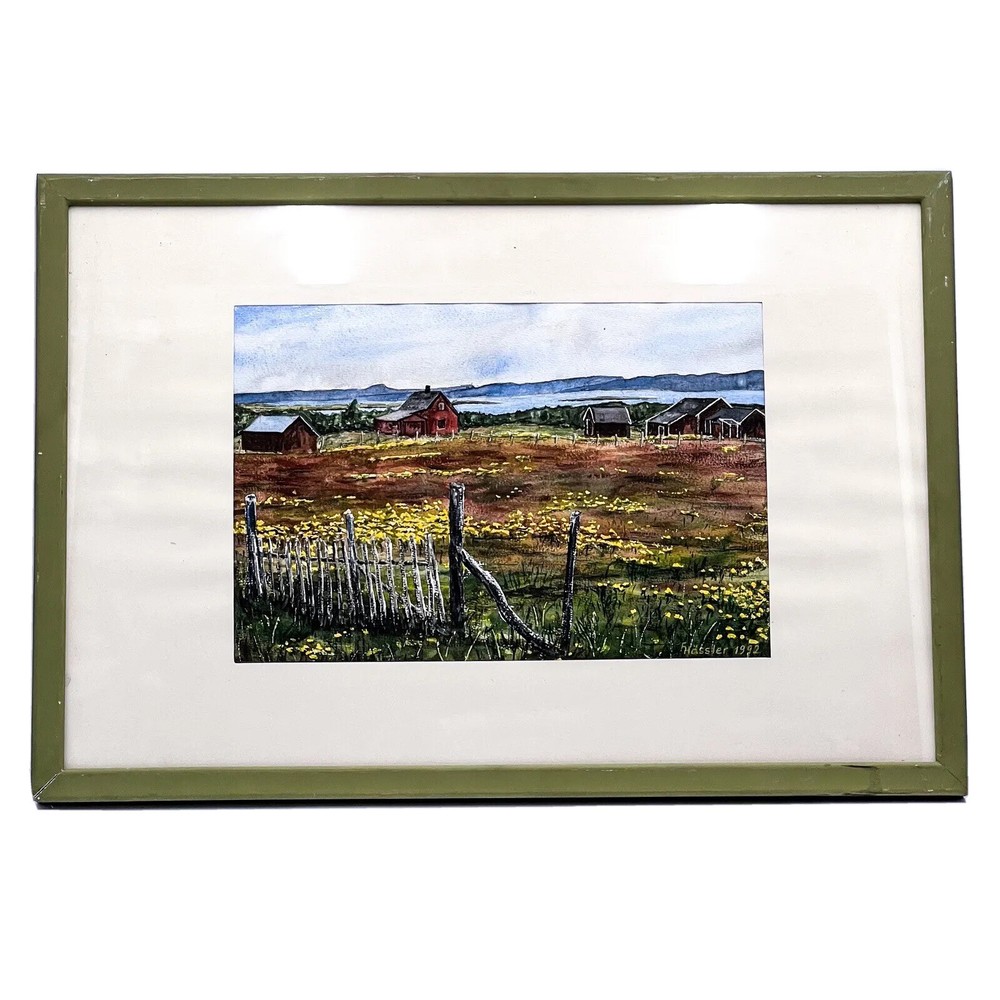 Watercolor Nesseby at Varangerfjorden signed 1990 F. Hässler with picture frame